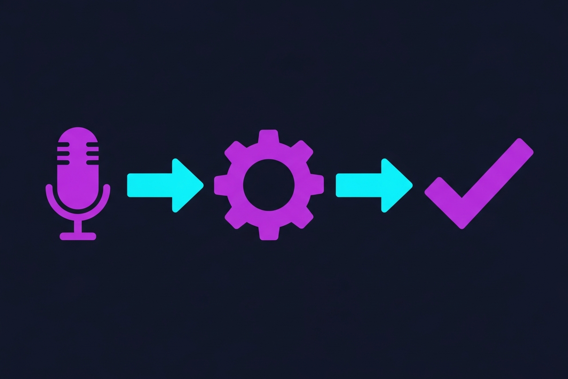 Flat icon illustration showing a microphone feeding into a gear and then a checkmark on dark navy background with purple and cyan accents