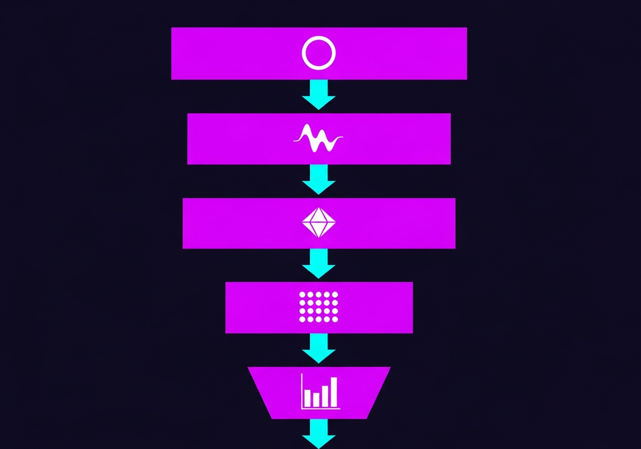 A layered diagram showing the stages of corporate podcast production: strategy, recording, editing, repurposing, distribution, and analytics