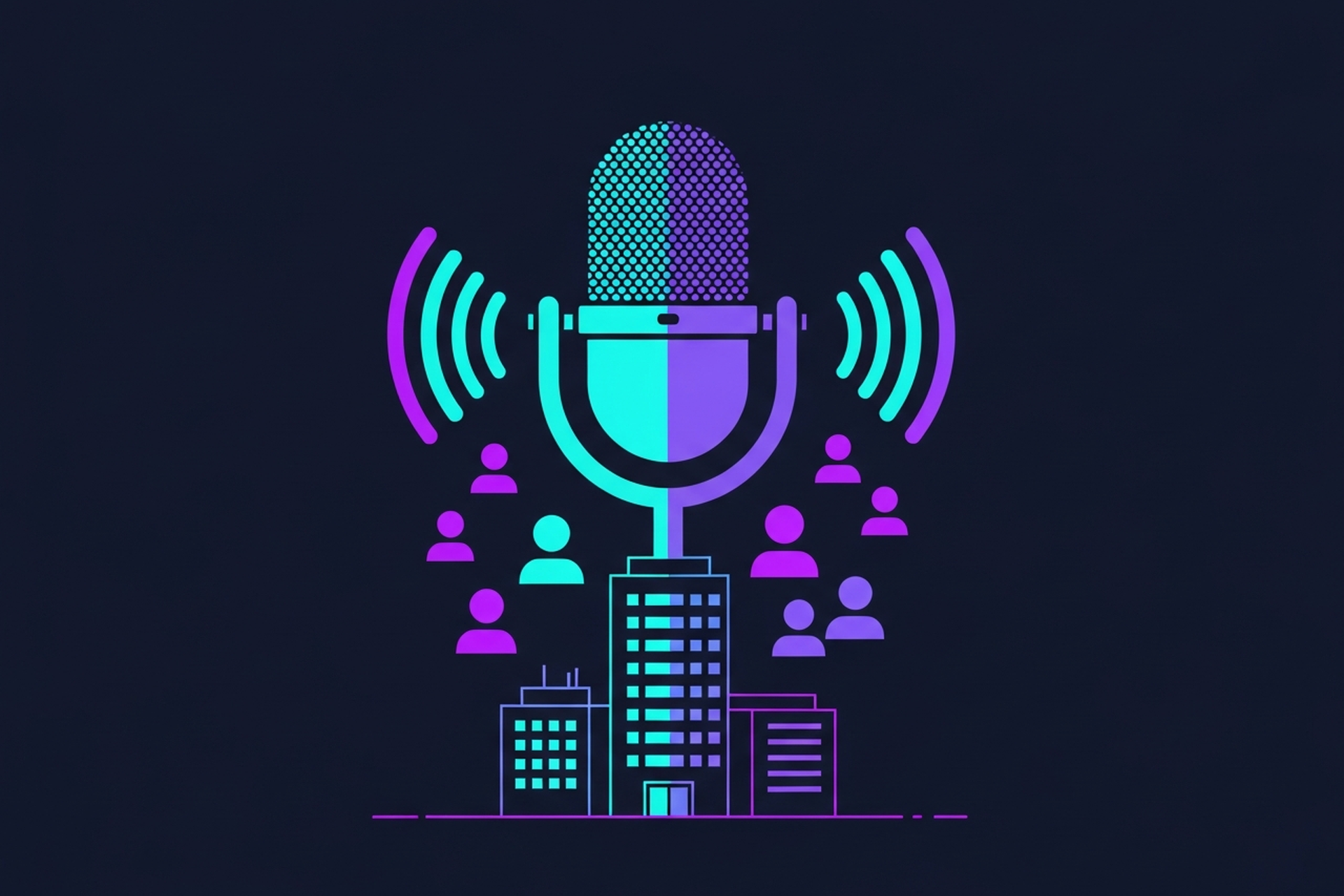 A professional recording setup in a modern office with branded podcast equipment, microphones, and acoustic panels representing a corporate podcast production environment