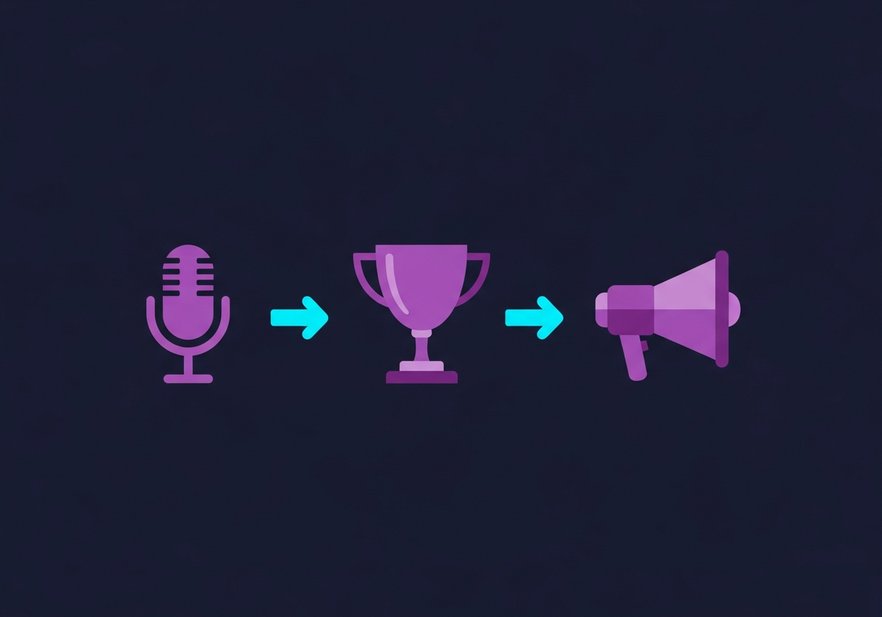 Flat-design illustration on dark navy background showing a microphone surrounded by speech bubbles, upward trend lines, and geometric shapes in purple-to-cyan gradient tones representing executive thought leadership, no faces or text