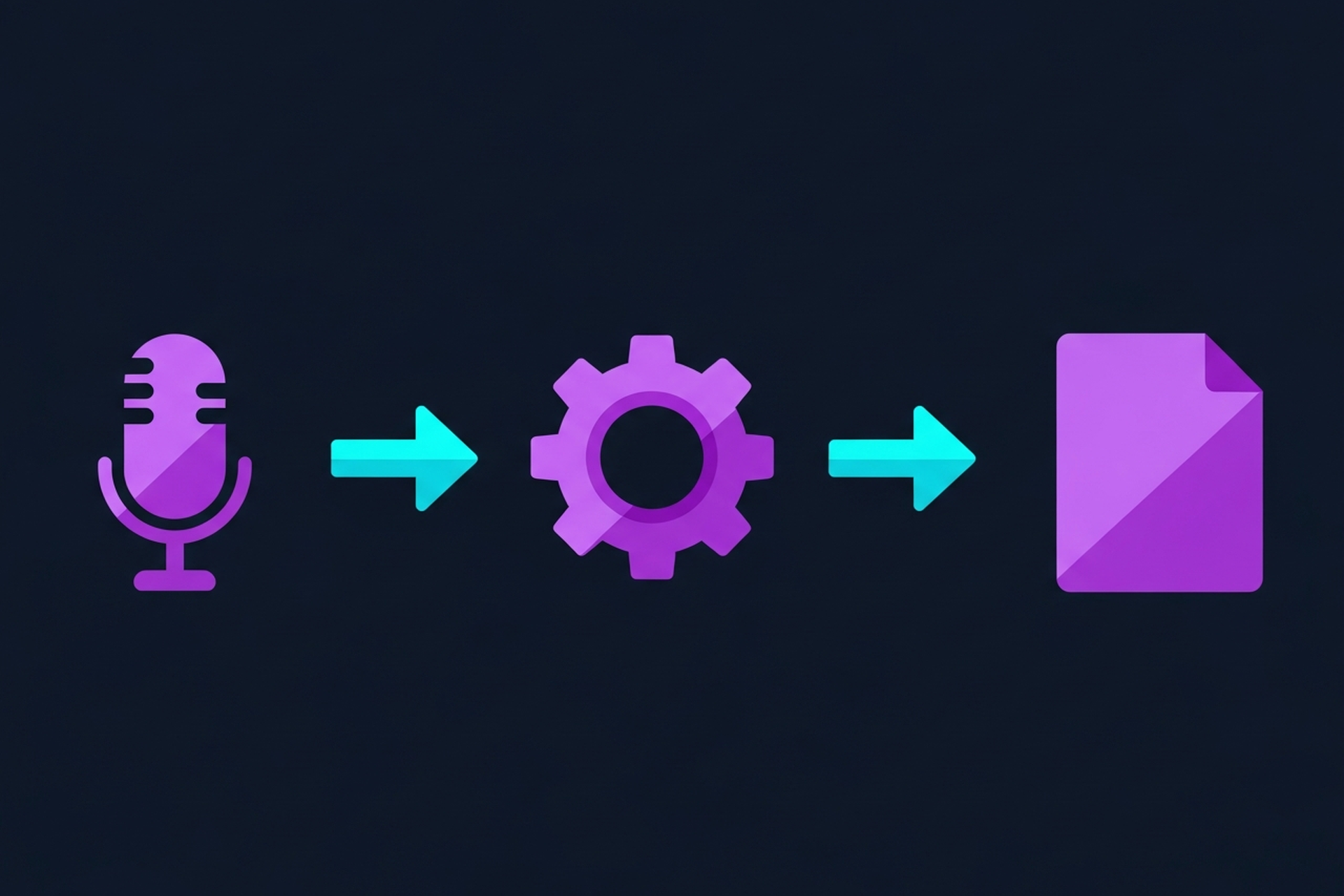 Flat icon illustration showing a microphone with audio waveform converting to a document on dark navy background with purple and cyan accents