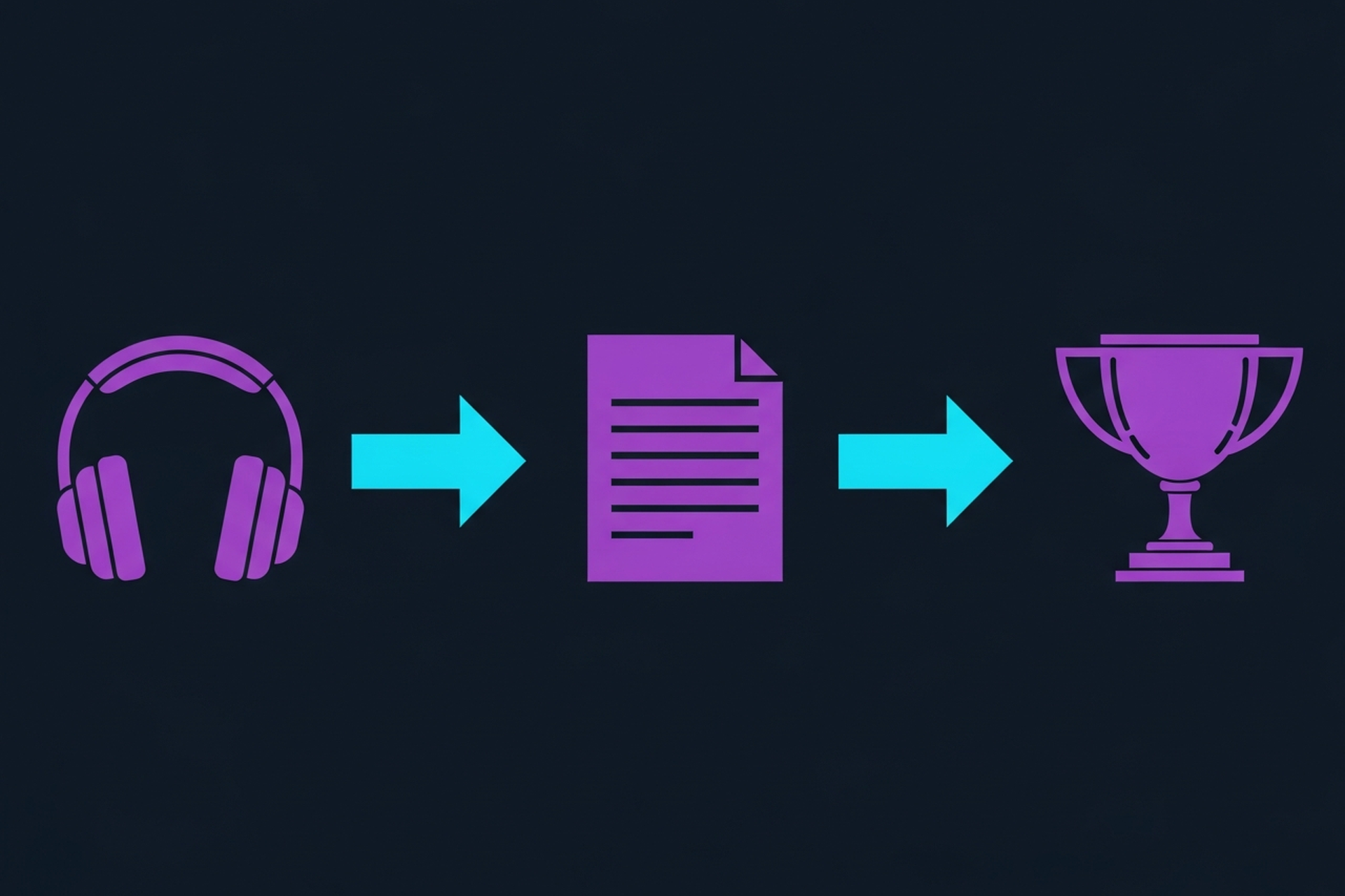 Text transcript lines emerging from a soundwave visualization on a dark navy background with purple gradient accents
