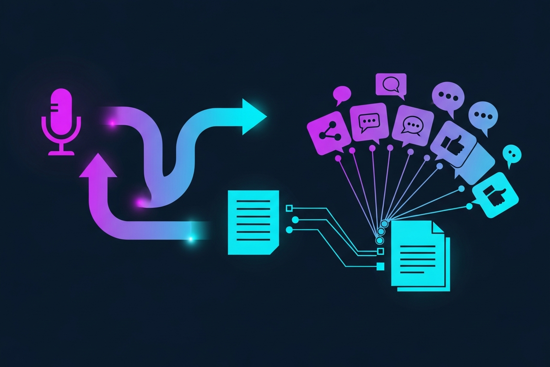 Flat design illustration showing a podcast interview recording setup with transcript text and repurposed content cards on a dark navy background with purple and cyan accents