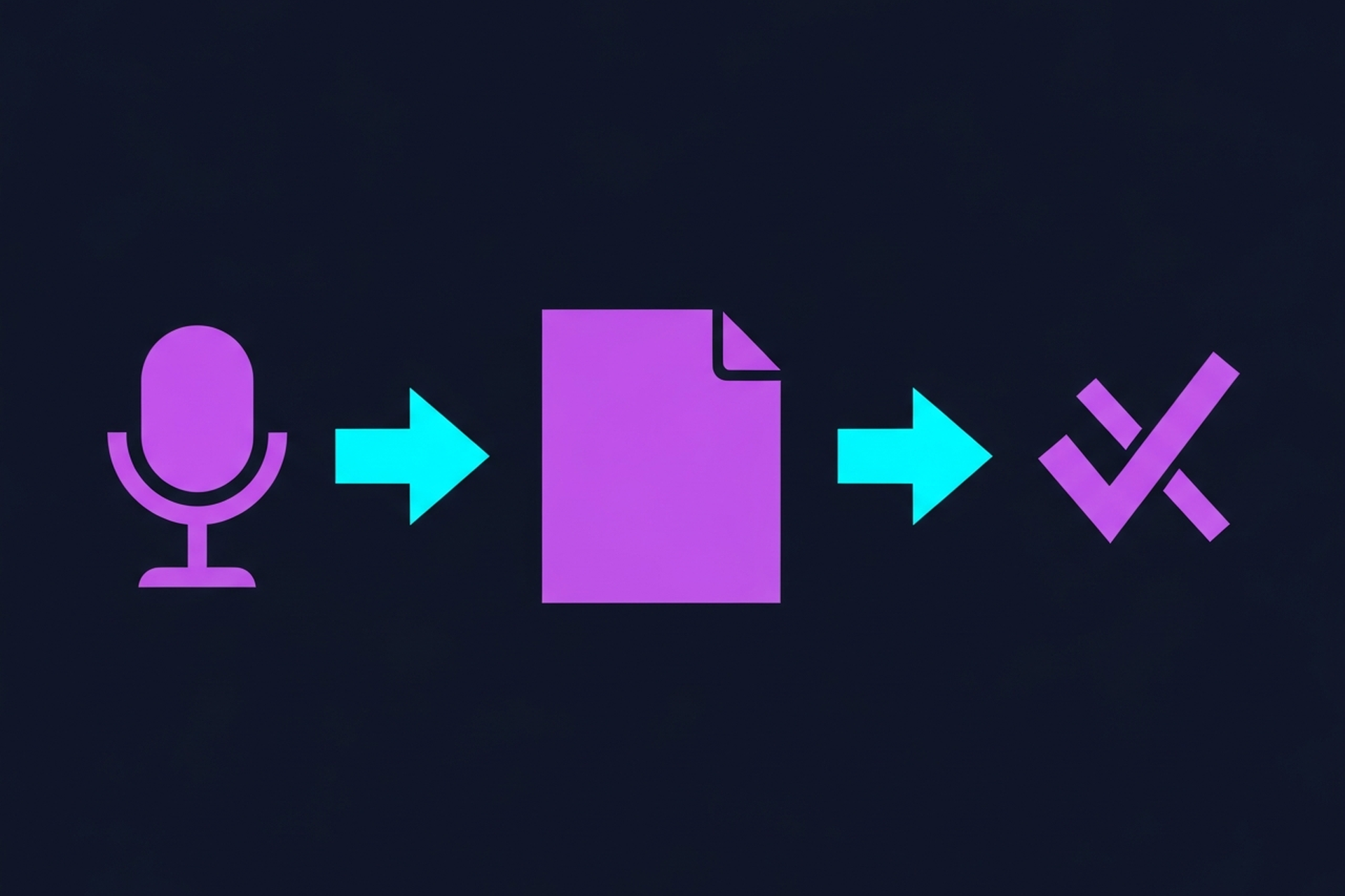 Audio waveform transforming into text lines on dark navy background with purple gradient accents