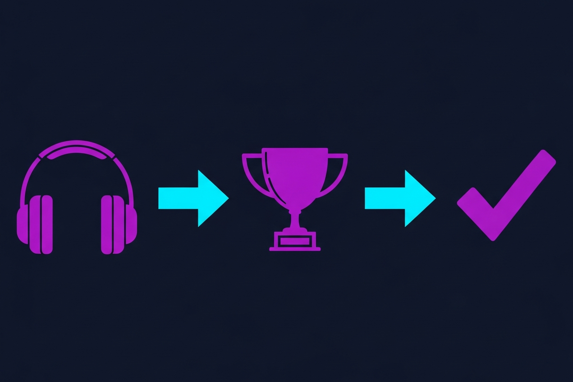Video player with text captions appearing below on a dark navy background with cyan-to-purple gradient