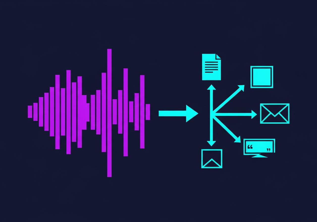 A content multiplication map showing a podcast transcript branching into blog posts, social media content, show notes, email newsletters, and sales assets