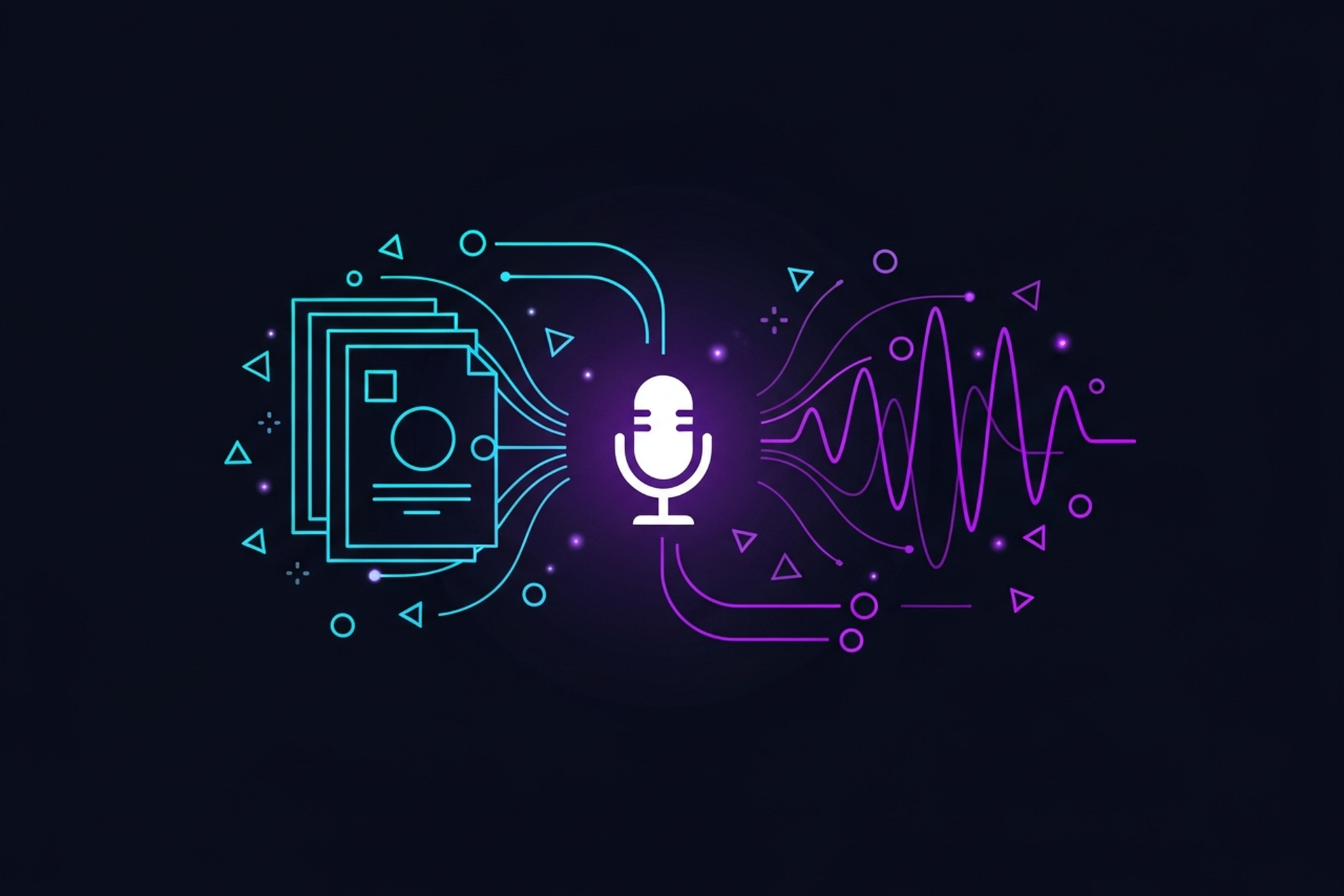 Flat design illustration of a podcast microphone connected by flowing lines to multiple content format icons including documents, social media cards, and email on a dark navy background with purple and cyan gradients