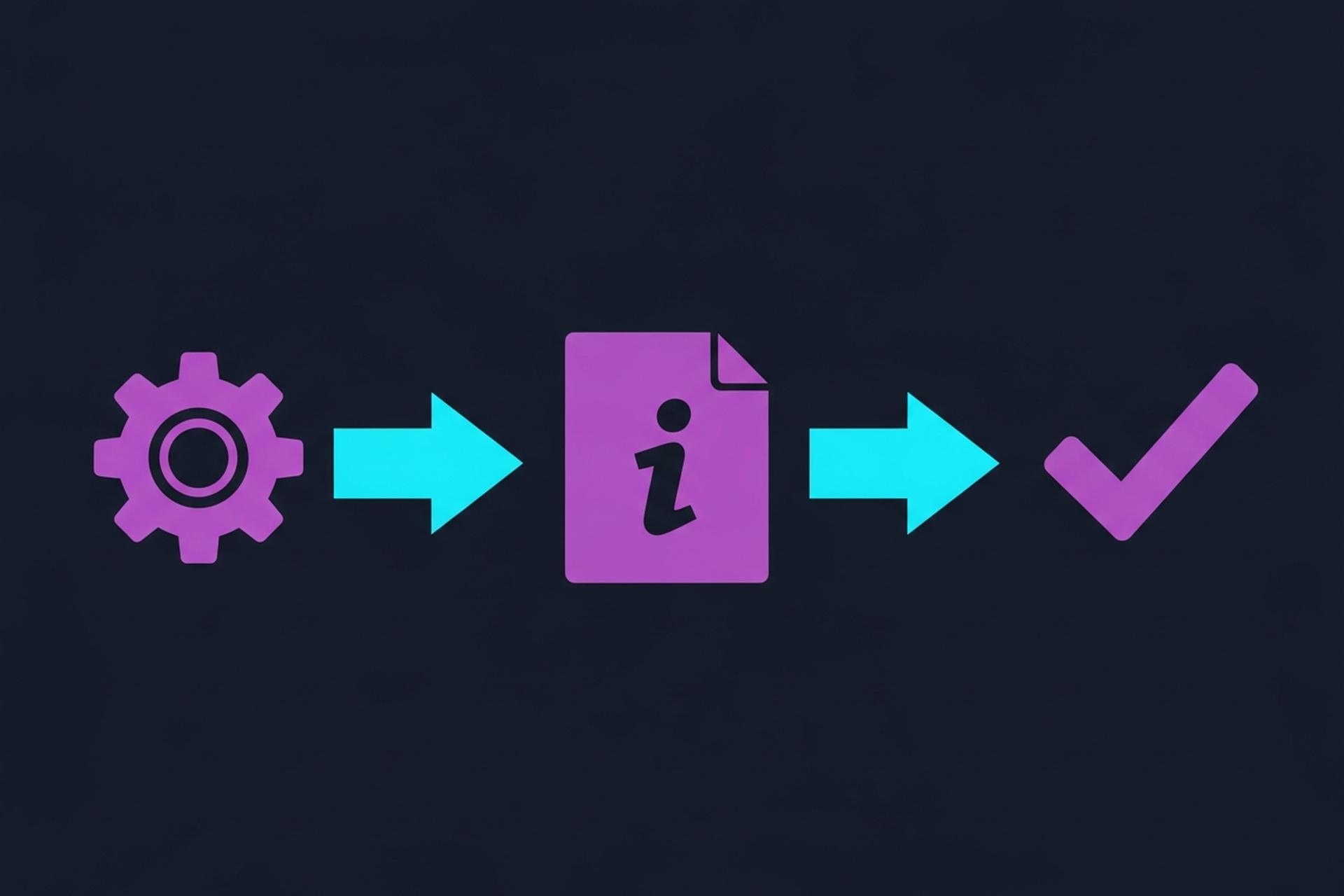Flat design illustration of a gear icon next to a document and a waveform on a dark navy background with purple and cyan accents