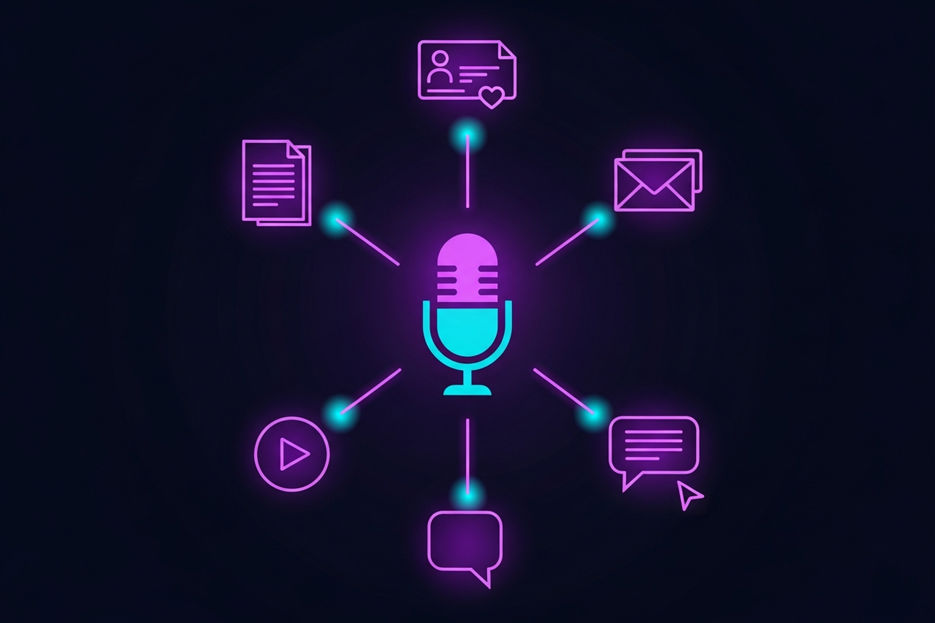 Illustrated workflow showing a podcast episode flowing through AI tools to produce blog posts, social content, newsletters, and short clips