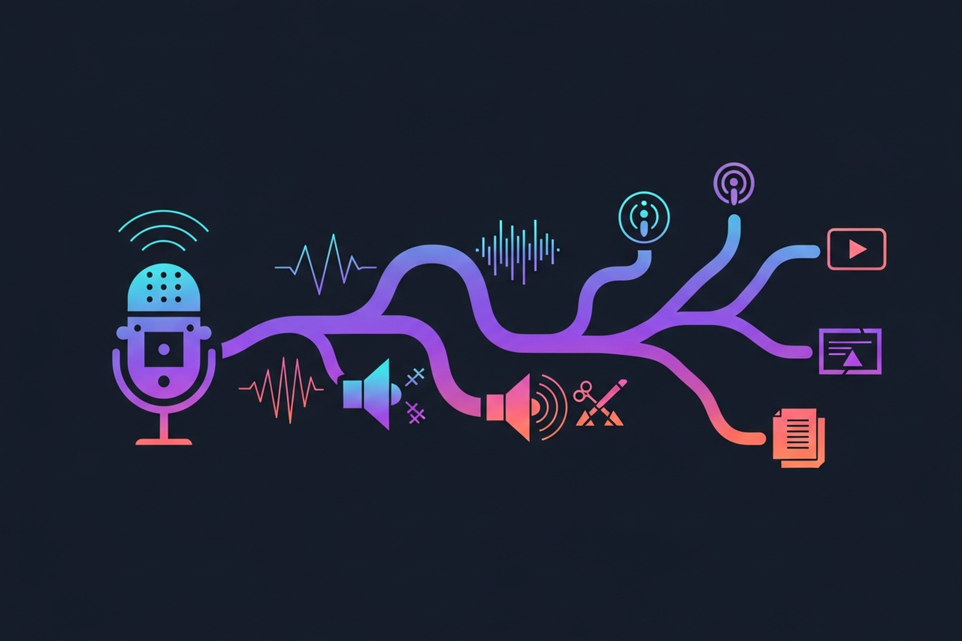 Diagram showing the professional podcast production process from recording through distribution and content repurposing