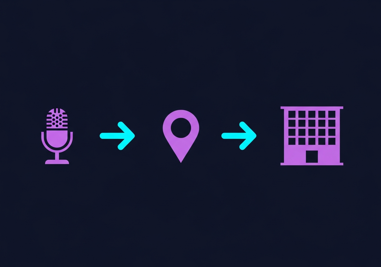 Flat-design illustration on dark navy background showing a map pin icon over a podcast studio with microphones, acoustic panels, and recording equipment in purple and cyan gradient tones, no faces or text
