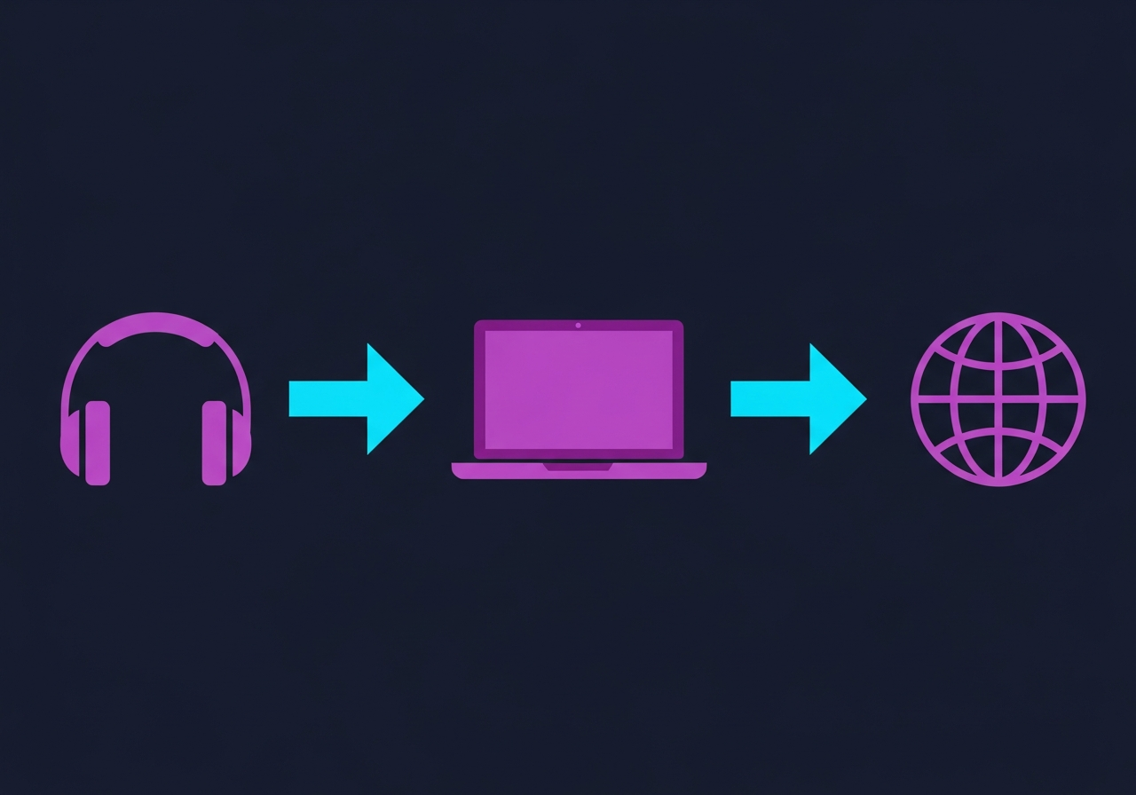 Flat-design illustration on dark navy background showing a remote podcast producer setup with headphones, microphone icons, laptop, and audio waveforms in purple-to-cyan gradient, no faces, no text