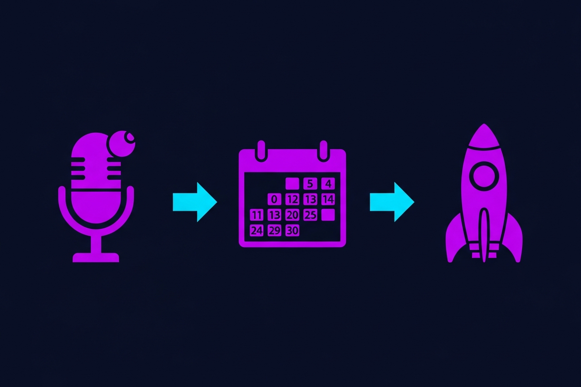 Flat icon illustration of a microphone, calendar, and rocket representing a remote podcast launch