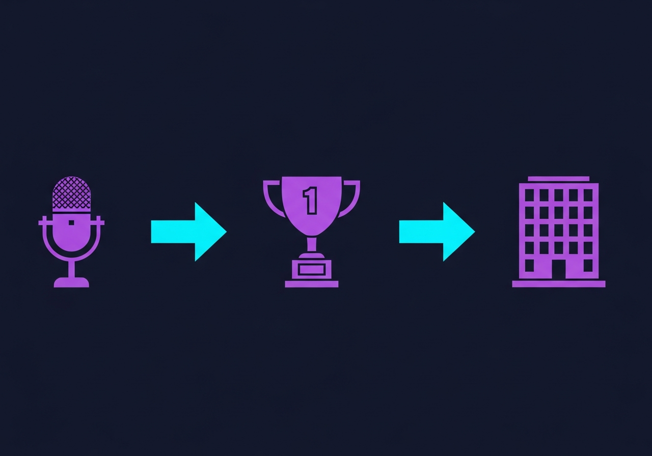 Flat-design illustration on dark navy background showing premium podcast studio icons, audio waveforms, and quality badge symbols in purple-to-cyan gradient, no faces, no text