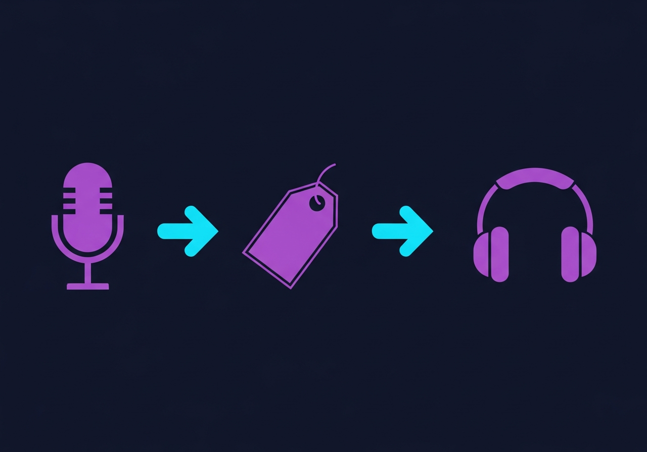 Flat-design illustration on dark navy background with podcast microphone, headphones, audio interface, and price tag icons arranged in a grid, purple-to-cyan gradient, no faces, no text