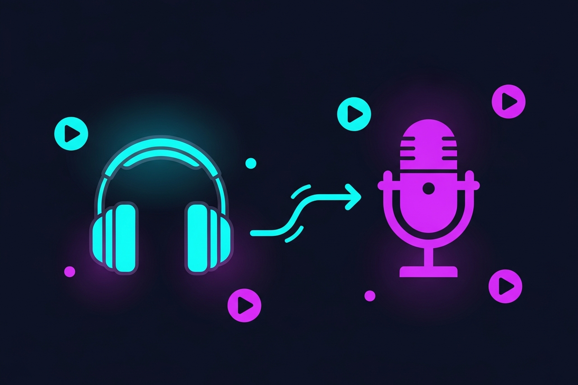 Dark navy background with headphones icon and a three-stage graphic showing the path from podcast listener to B2B podcast creator in purple and cyan