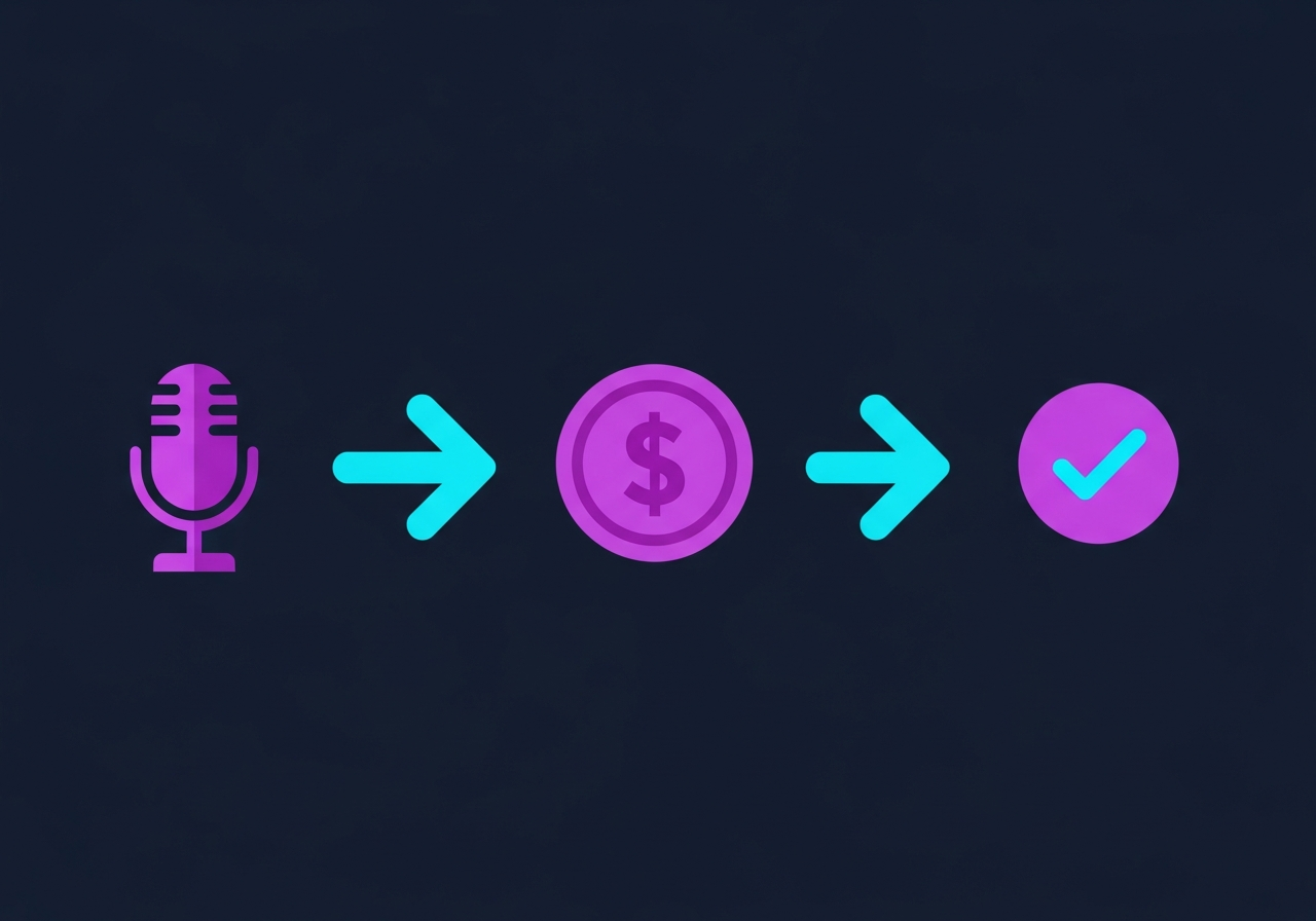 Flat-design illustration on dark navy background showing a podcast microphone, dollar-free icon, and audio waveform in purple and cyan gradient with no faces or text