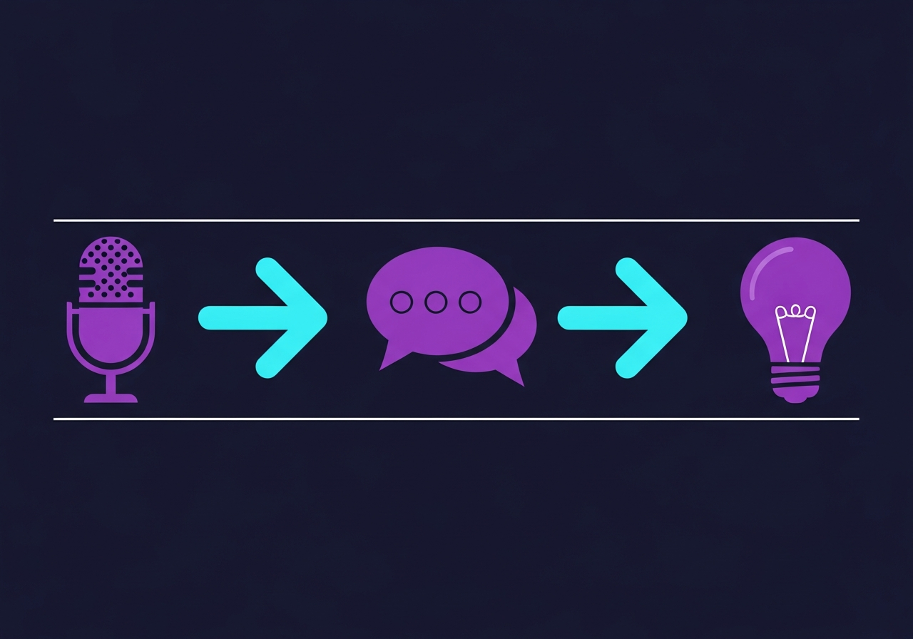 Flat-design illustration on dark navy background showing a microphone, speech bubbles, and abstract narrative arc lines in purple and cyan gradient with no faces or text