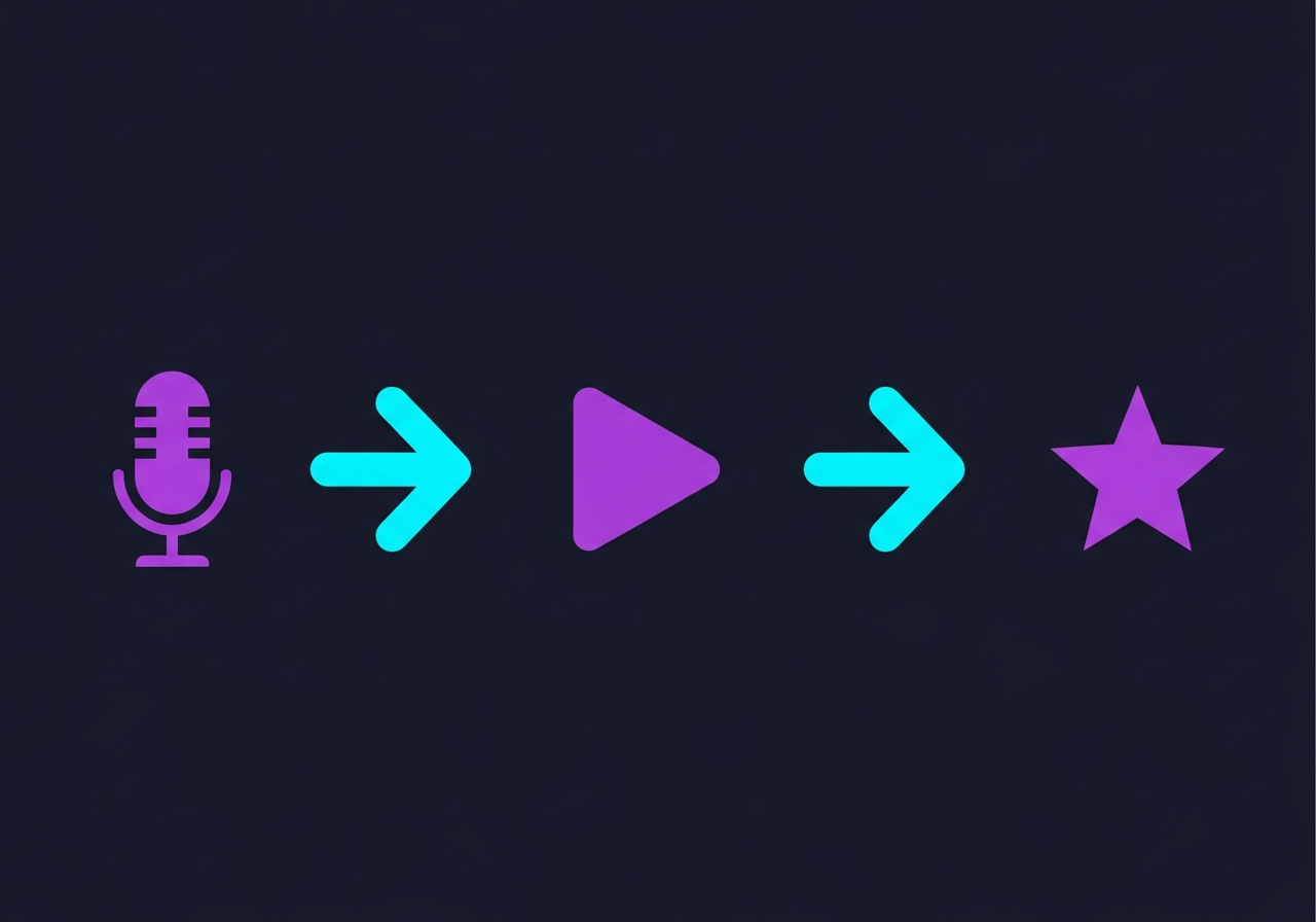 Flat design illustration on dark navy background showing a podcast microphone, speech bubbles, and audio equalizer bars in purple and cyan