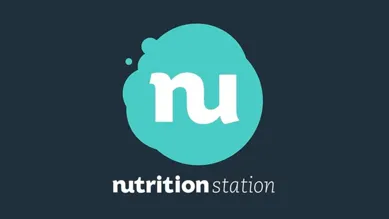 Nutrition Station logo with white stylized 'nu' letters inside a teal rounded shape on dark background.