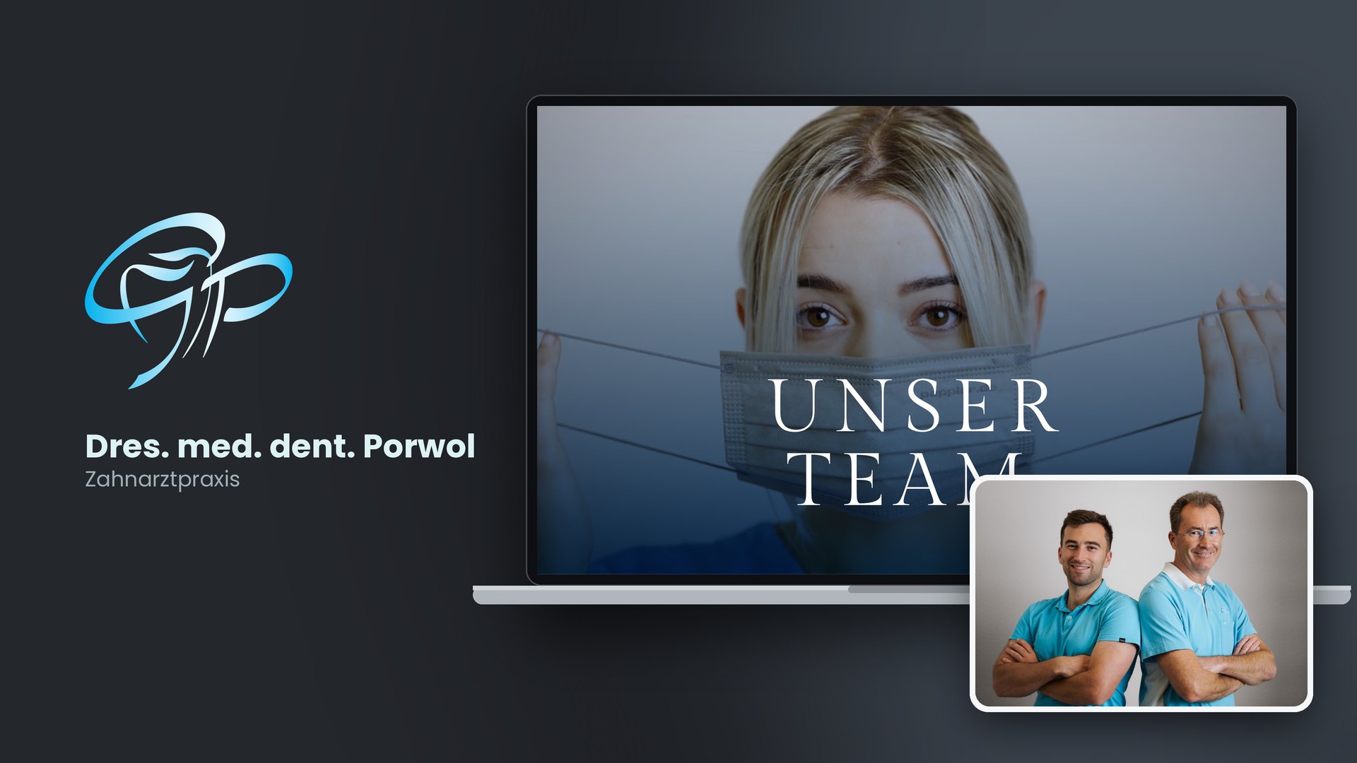 Website der Zahnarztpraxis Dres. Porwol auf dem Laptop, mit Teamfoto