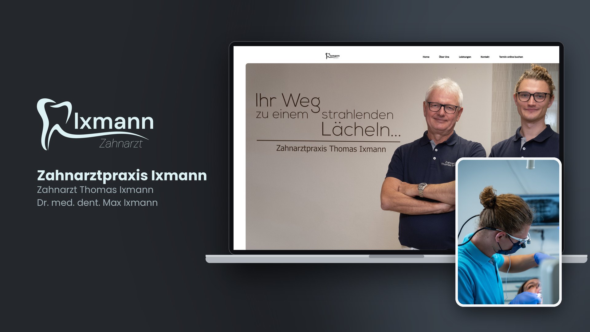 Website der Zahnarztpraxis Ixmann auf dem Laptop, mit Foto aus der Behandlung