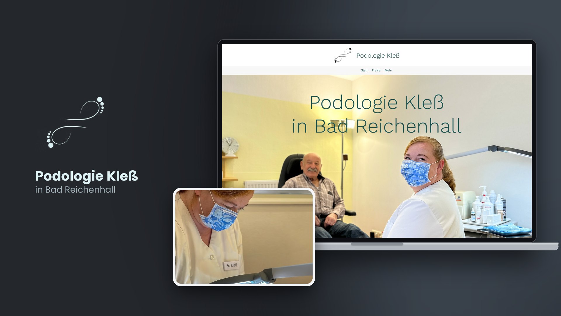 Website von Podologie Kleß in Bad Reichenhall auf dem Laptop, mit Foto aus der Behandlung