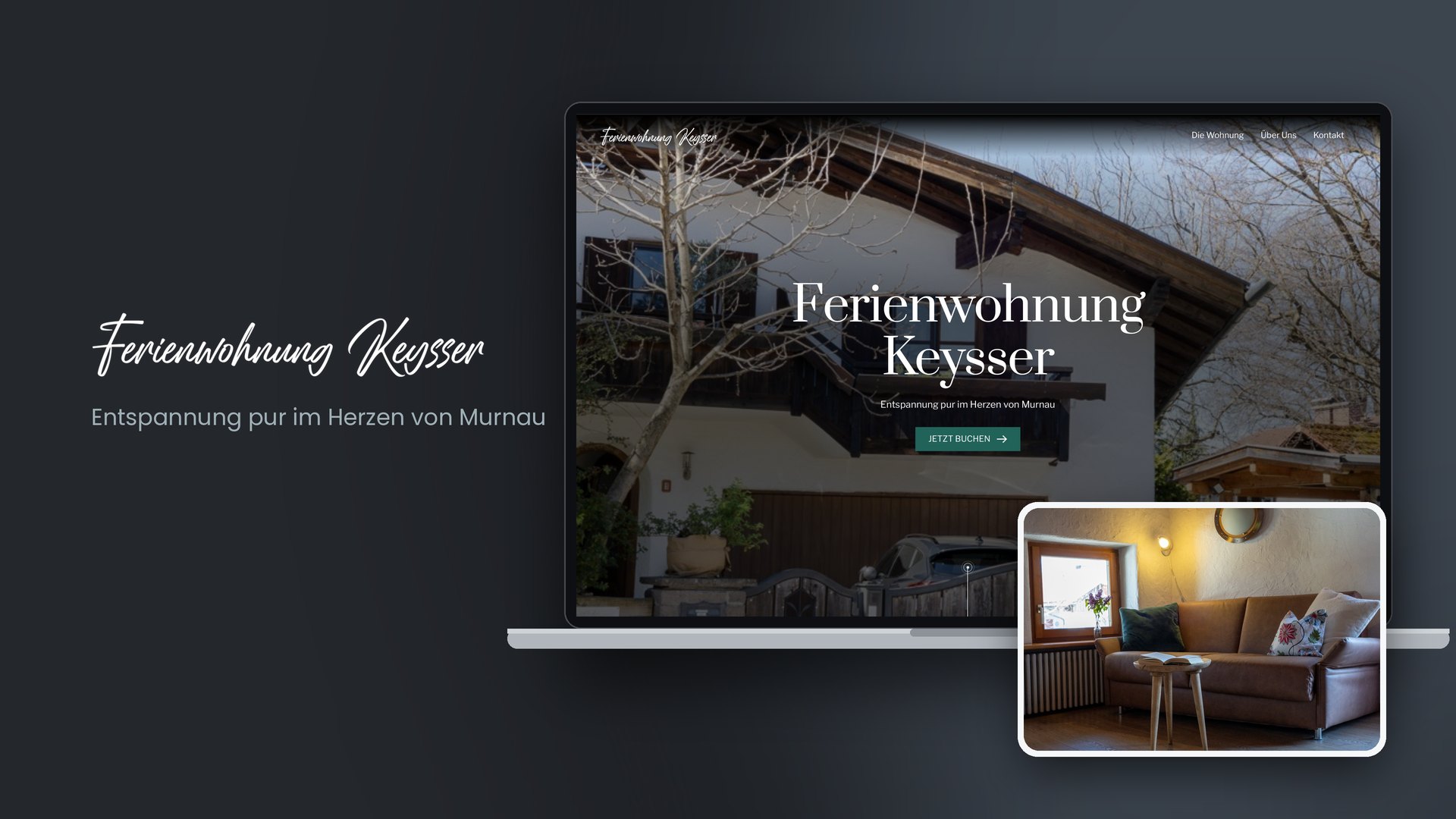 Website der Ferienwohnung Keysser in Murnau auf dem Laptop, mit Foto des Wohnzimmers