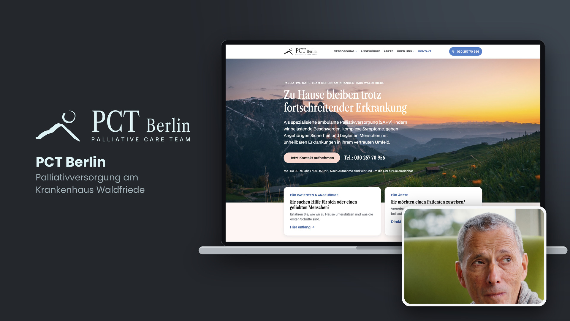 Neue Website von PCT Berlin auf dem Laptop, mit Standbild aus dem Imagefilm