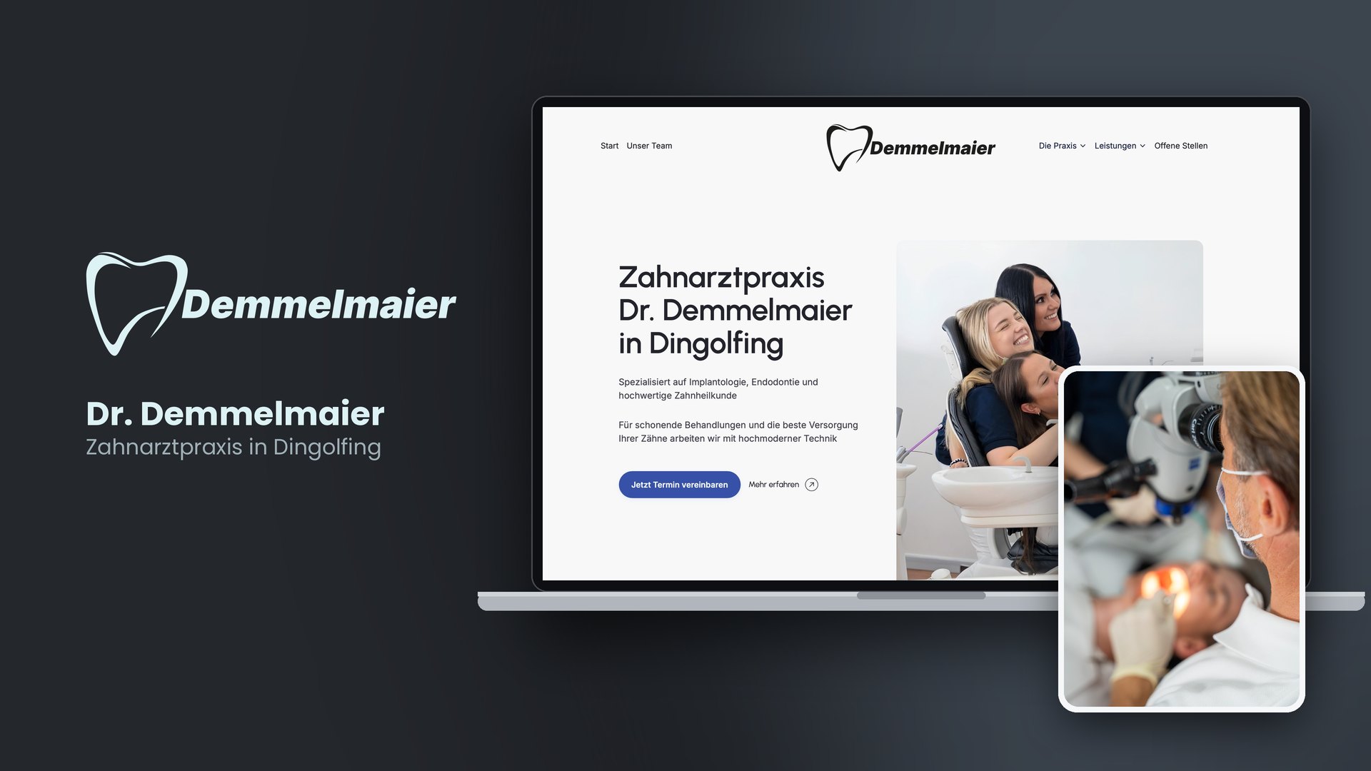 Website der Zahnarztpraxis Dr. Demmelmaier in Dingolfing auf dem Laptop, mit Foto aus der Behandlung