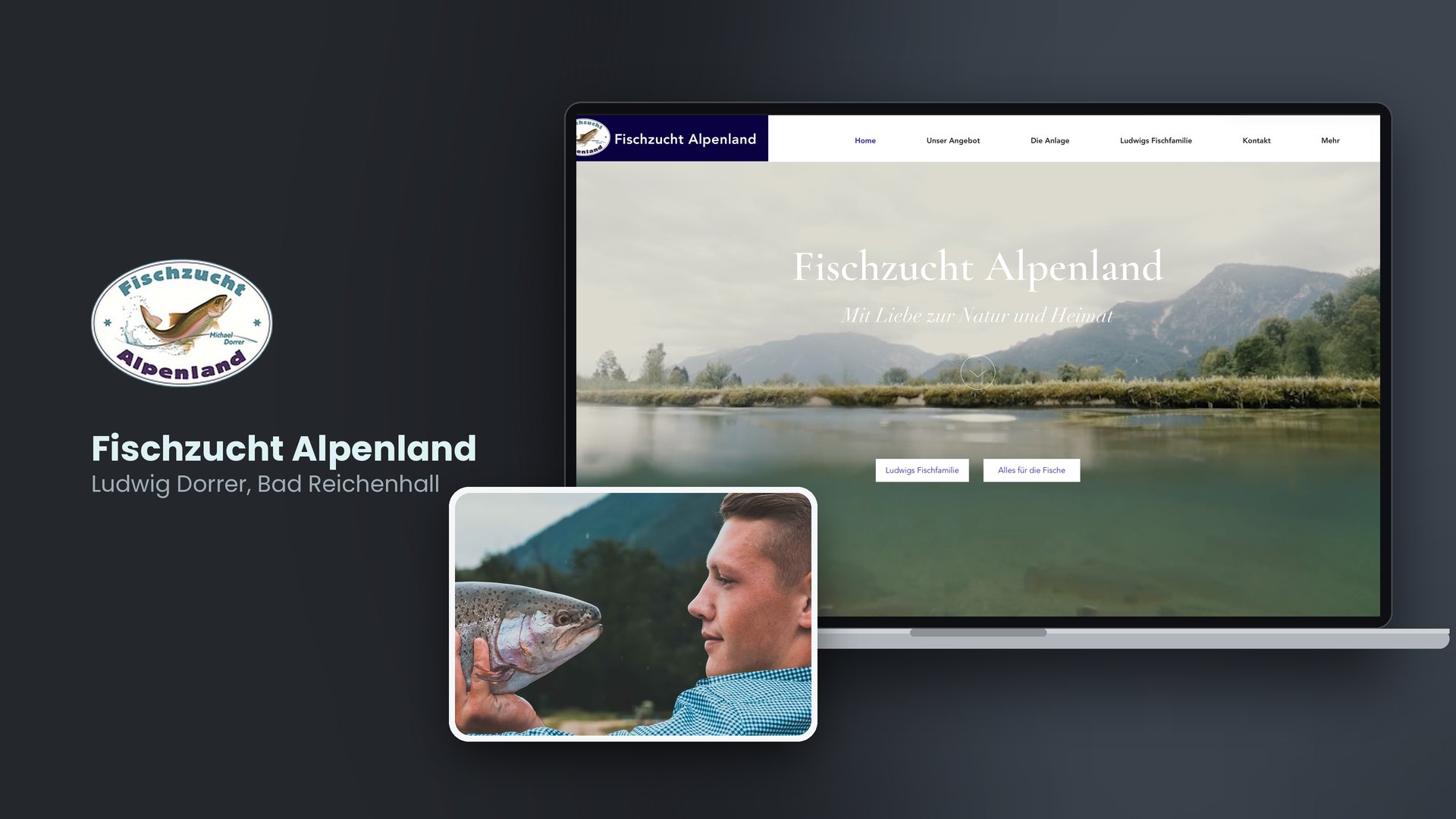 Website der Fischzucht Alpenland auf dem Laptop, mit Foto von Ludwig Dorrer und einer Forelle
