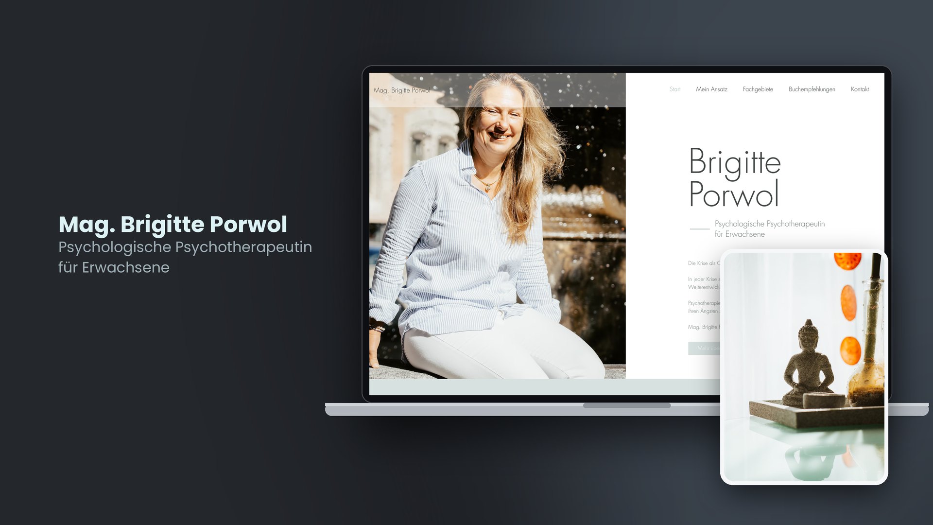 Website der Psychotherapie-Praxis Mag. Brigitte Porwol auf dem Laptop, mit Foto einer Buddha-Figur aus der Praxis