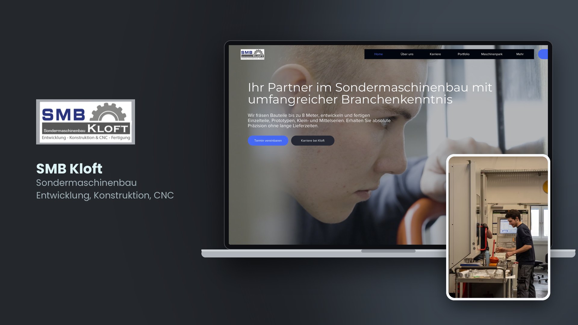 Website von Sondermaschinenbau Kloft auf dem Laptop, mit Foto eines Mitarbeiters an der CNC-Maschine