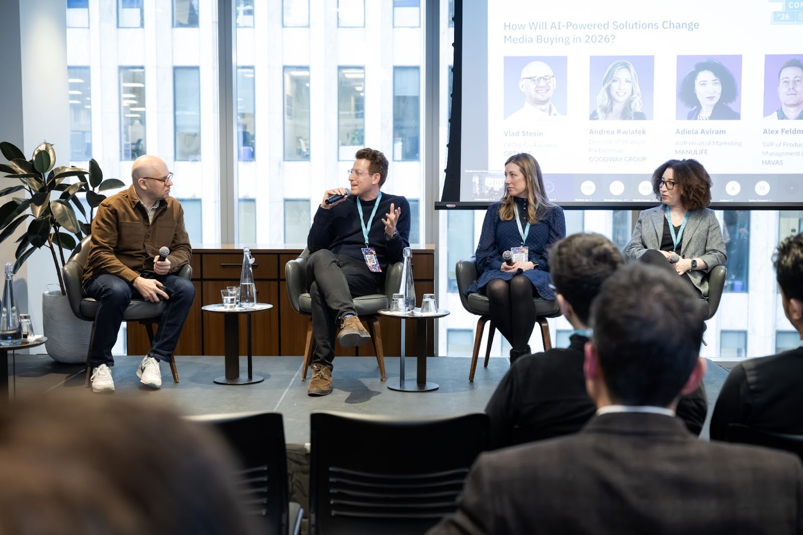 Vlad Stesin moderates a discussion of AI-powered solutions for media buyers with Alex Feldman from Havas, Andrea Kwiatek from Goodway Group, and Adiela Aviram from Manulife.