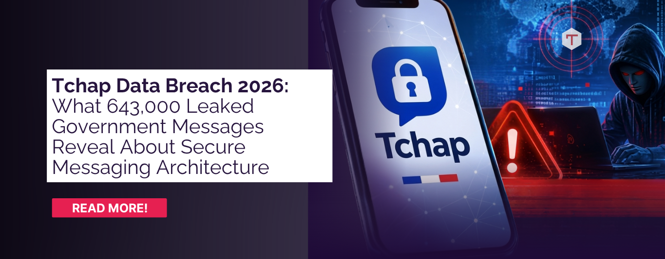 Diagram illustrating the Tchap breach attack chain: compromised account accessing unencrypted public rooms, contrasted with RealTyme's permissioned architecture.