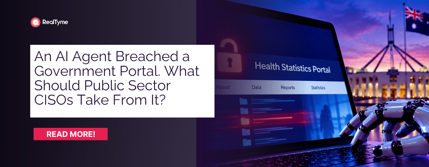AI agent at a laptop accessing a government data portal, with a highlighted file and an unlocked padlock — illustrating AI agent security risks for public sector CISOs.