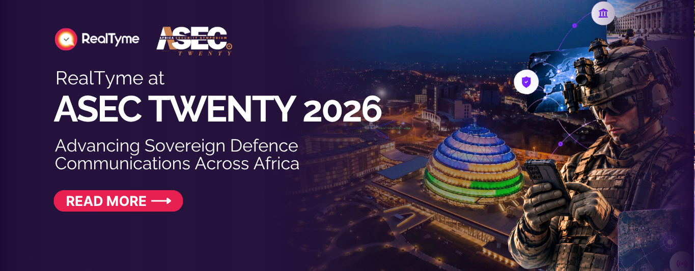 RealTyme at ASEC TWENTY 2026 in Kigali, Rwanda, featuring a defence professional using secure tactical communications technology.