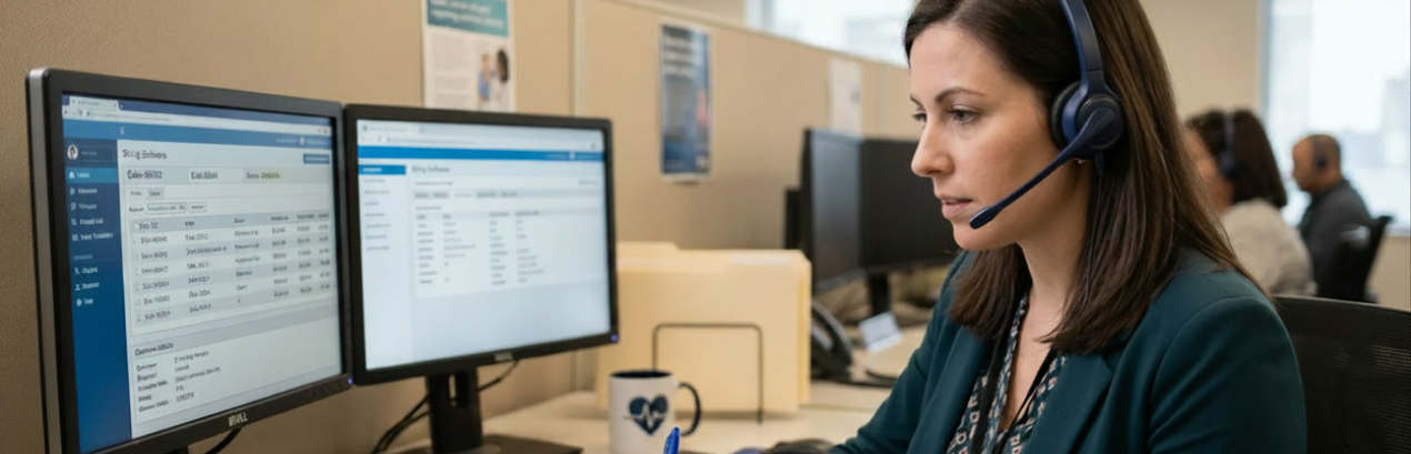 A RCM representative wearing a headset reviews information on dual monitors while taking notes in a busy office call center. SuperDial Blog.