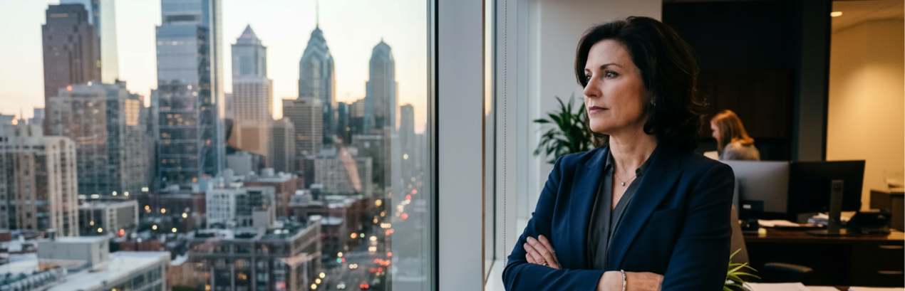 Professional woman in navy suit stands thoughtfully beside office window, overlooking city skyline while coworkers work in background during dusk. SuperDial Blog.