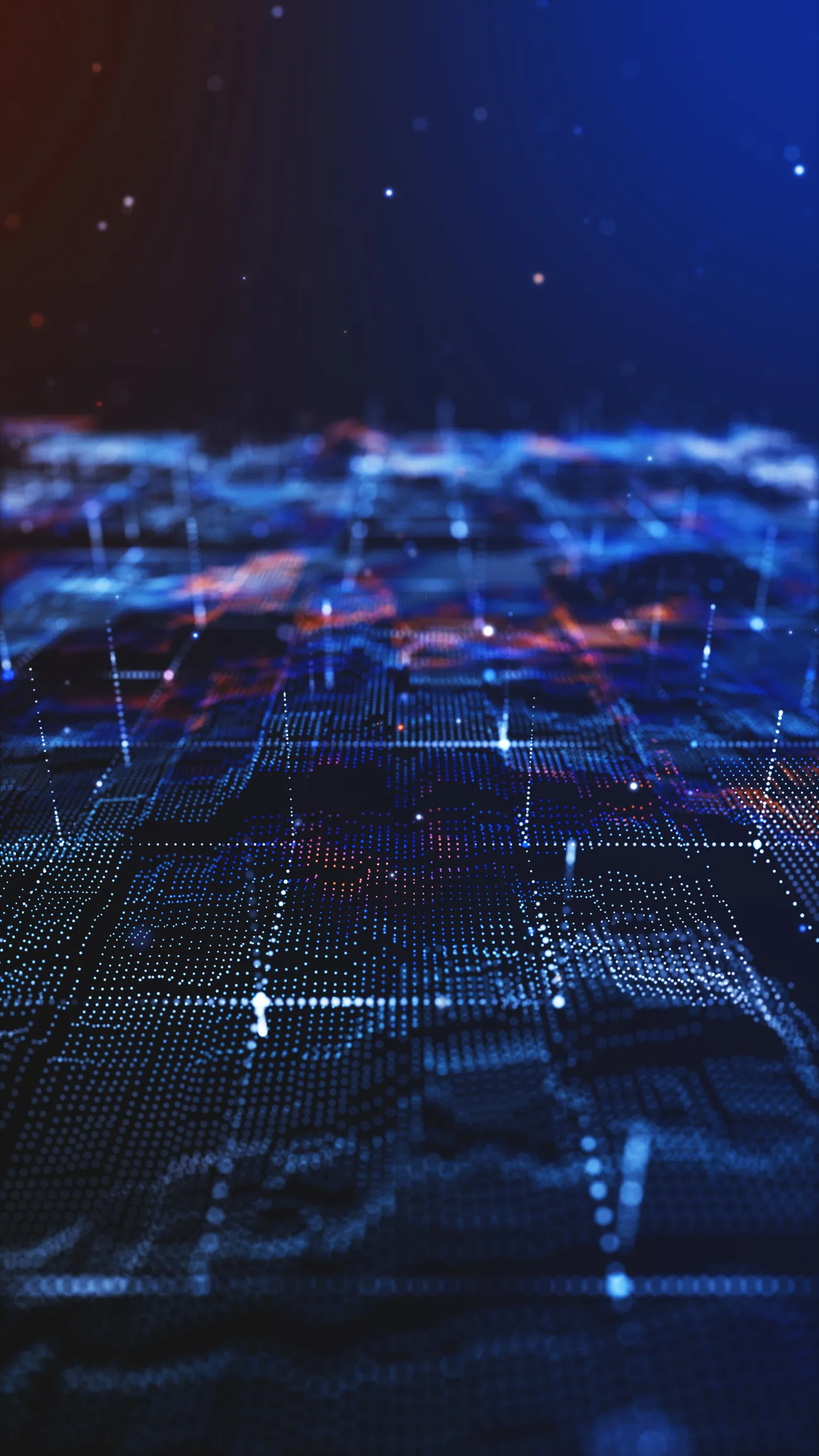 Futuristic digital landscape made of glowing data points 