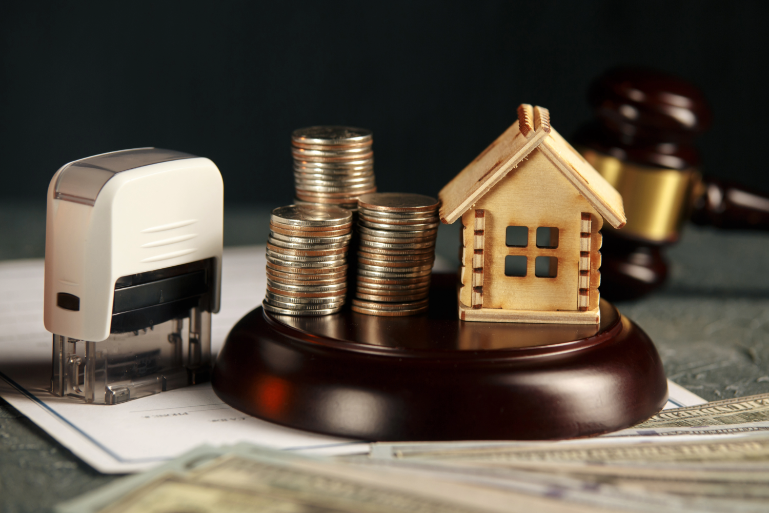Coins, wooden house model, legal gavel, and stamped documents representing debt recovery and construction lien services.