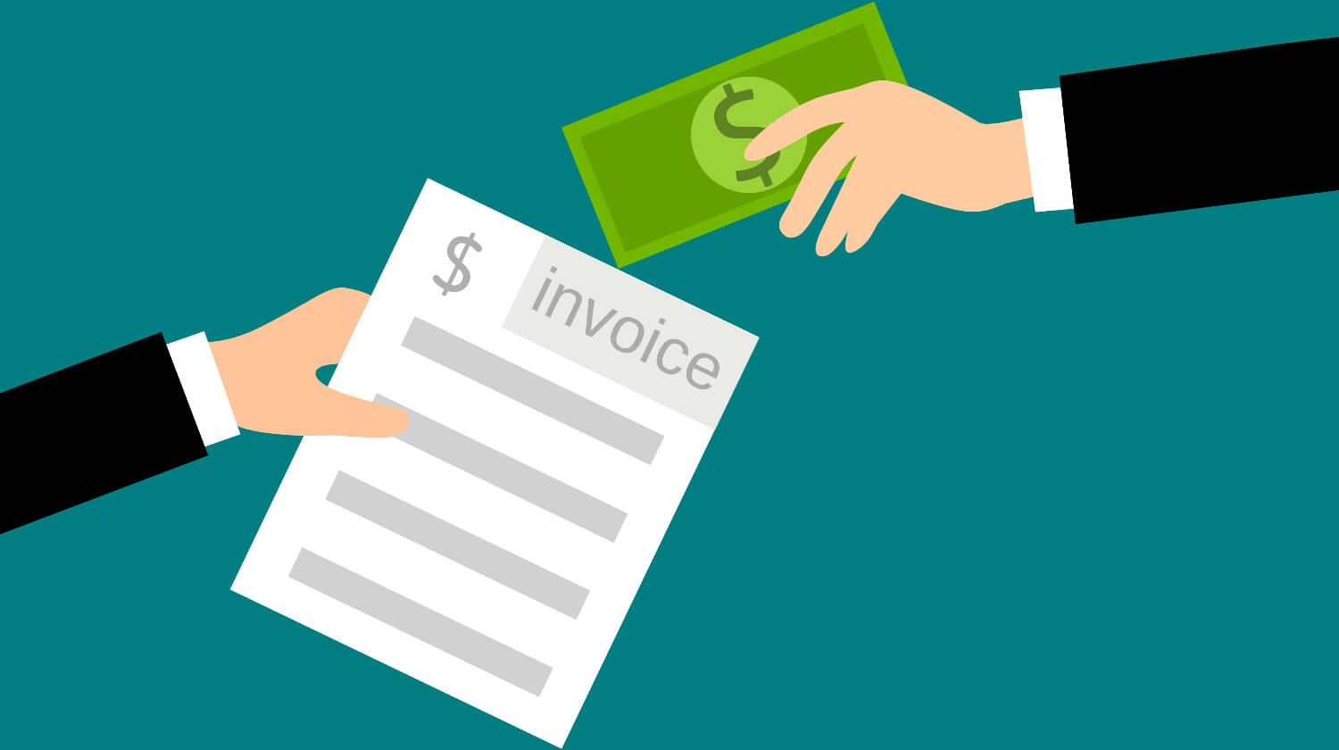 Hands exchanging an invoice for cash, symbolizing commercial debt collection.