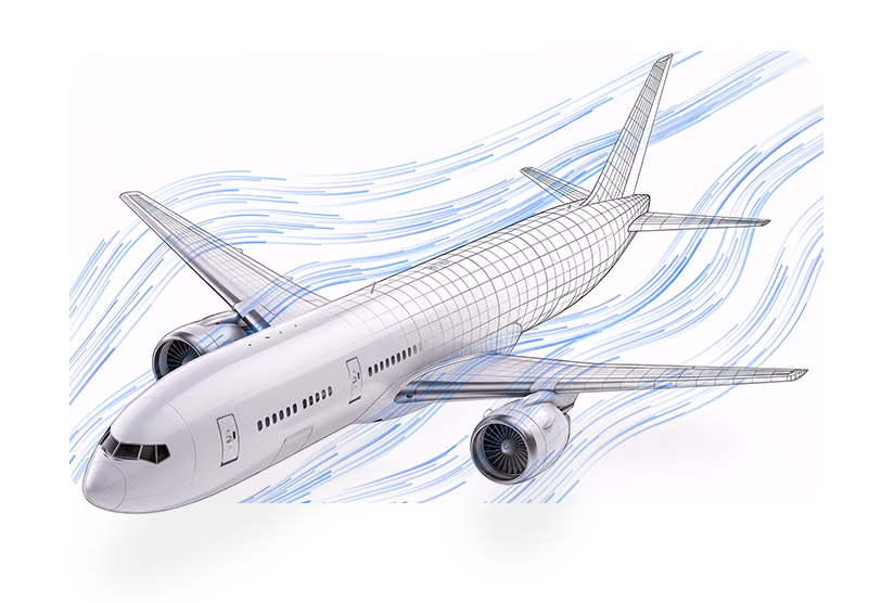 Illustration of a commercial airplane transitioning from a wireframe engineering model to a fully rendered aircraft, surrounded by flowing blue lines representing airflow simulation.