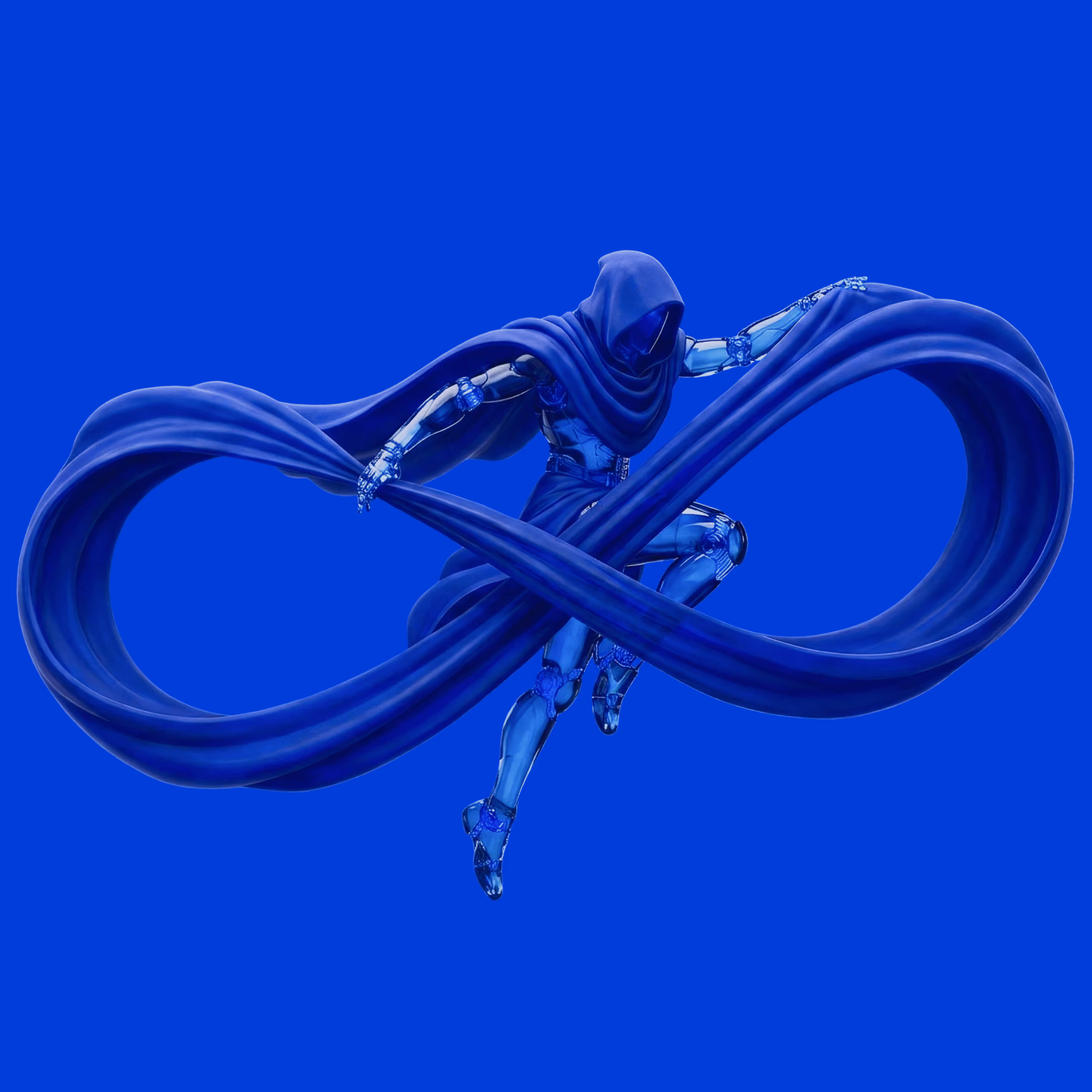 A futuristic humanoid figure with a shiny, metallic blue robotic body and a flowing blue hooded cape forms an infinity symbol with the cape while mid-jump against a solid blue background.