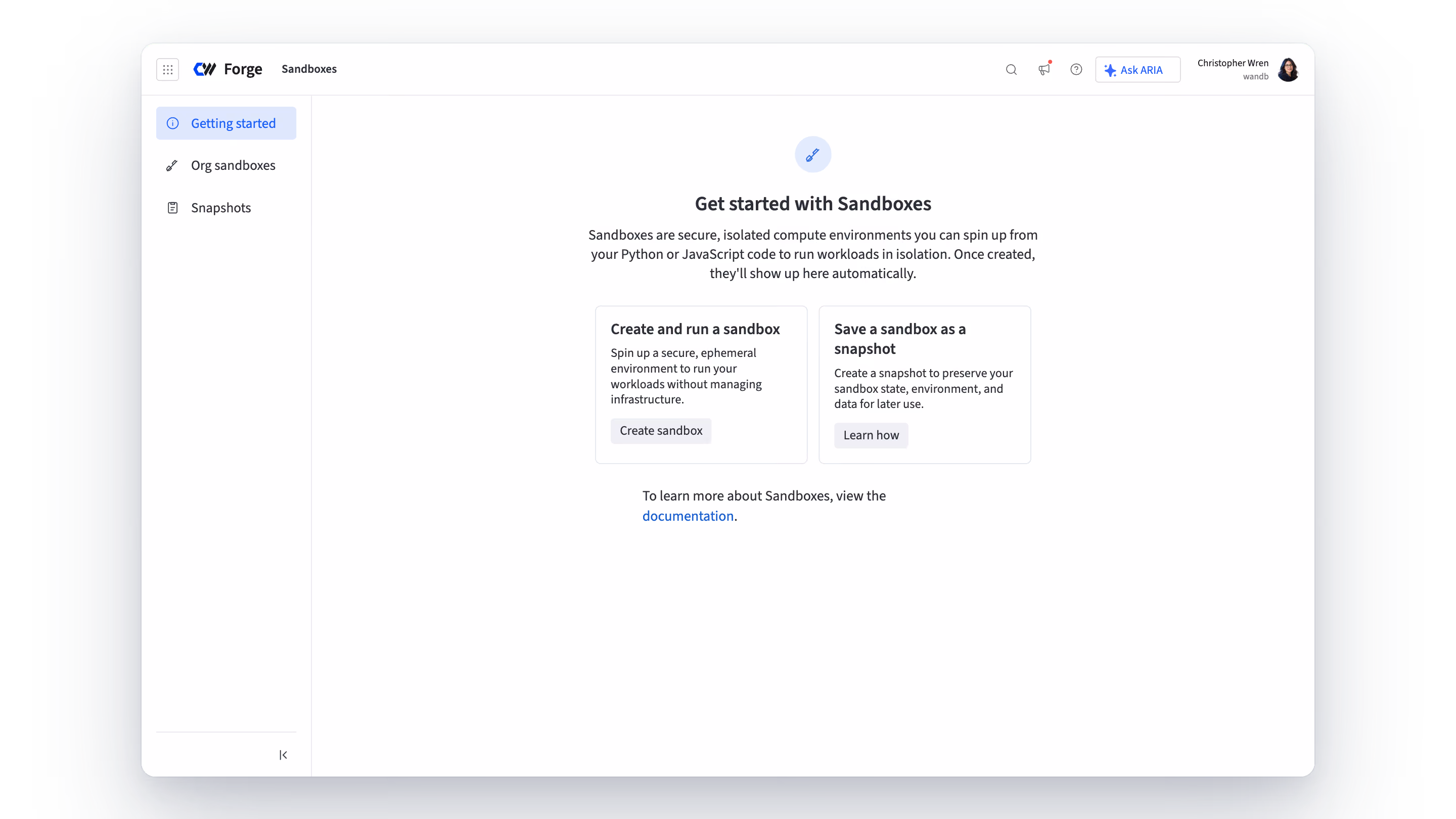 Interface of a web app named Forge showing the Sandboxes section with sidebar options Getting started, Org sandboxes, and Snapshots; main area displays instructions about Sandboxes as isolated compute environments for Python or JavaScript workloads with buttons to create a sandbox or save a sandbox as a snapshot, plus a link to documentation.