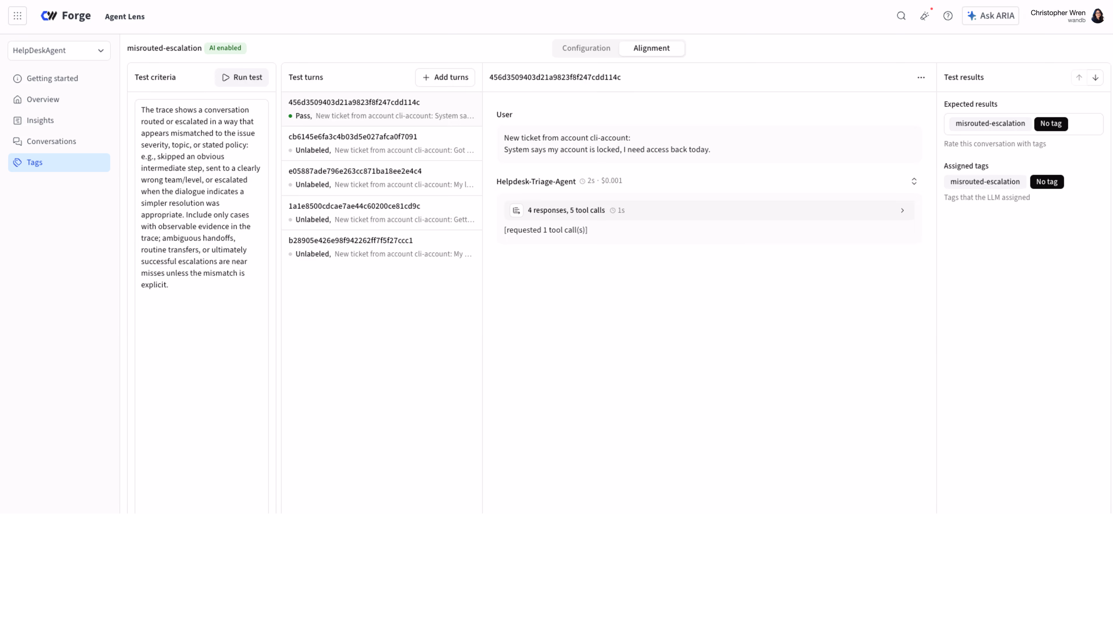Screenshot of Forge Agent Lens interface showing HelpDeskAgent workspace with tabs for Getting started, Overview, Insights, Conversations, and Tags. The Tags tab shows a test criteria panel describing misrouted escalations, a list of test turns with various ticket IDs, and a conversation view displaying a user message about a locked account and a Helpdesk-Triage-Agent response with tool calls. On the right, test results indicate expected and assigned tag as misrouted-escalation with 'No tag' status.