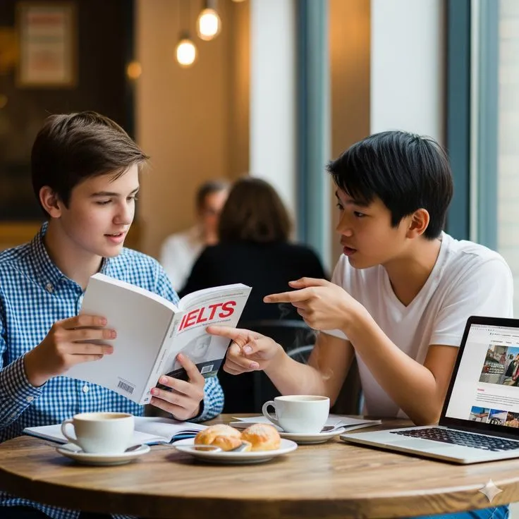 Two young men sitting at a table with coffee and pastries while discussing an IELTS book.