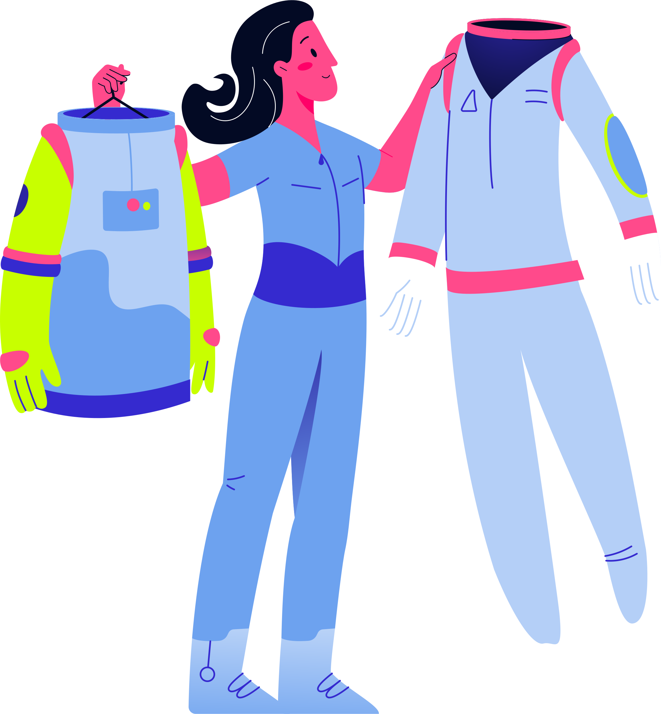 Femme astronaute hésitant entre deux combinaisons