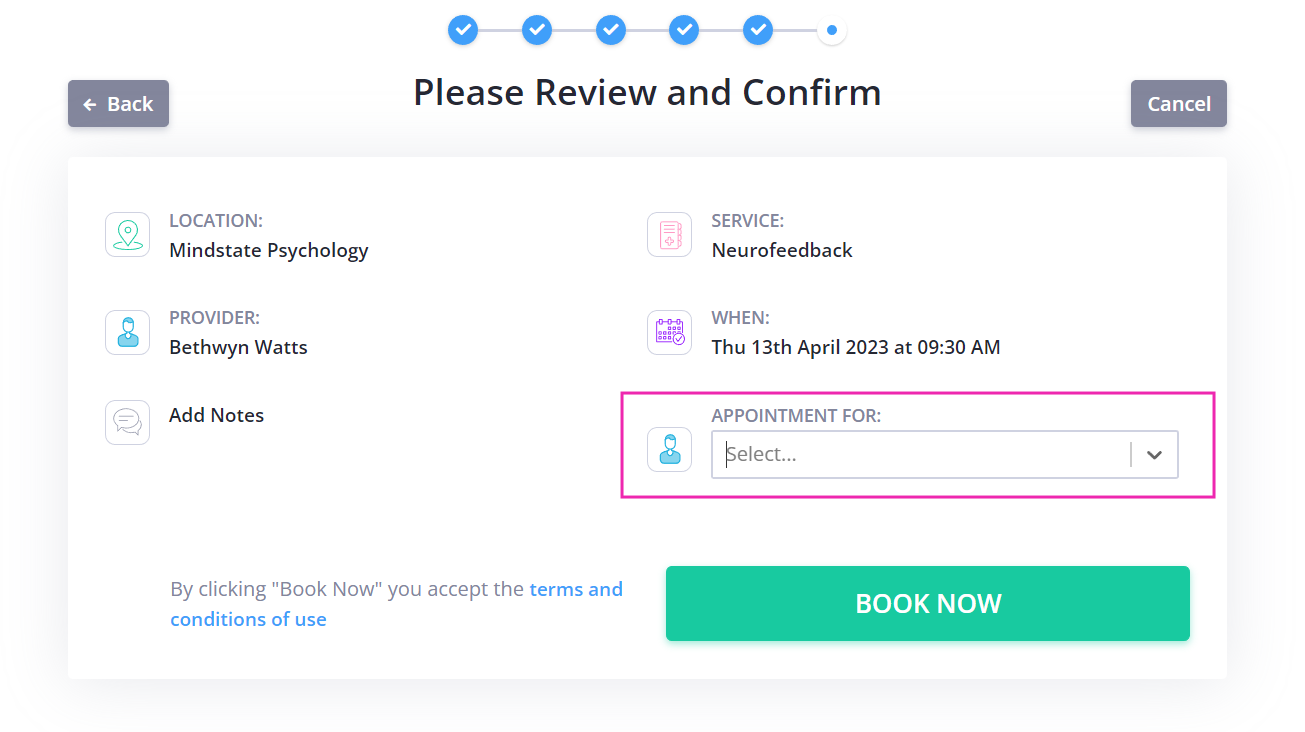 A screenshot of the booking confirmation page, with the appointment for box highlighted