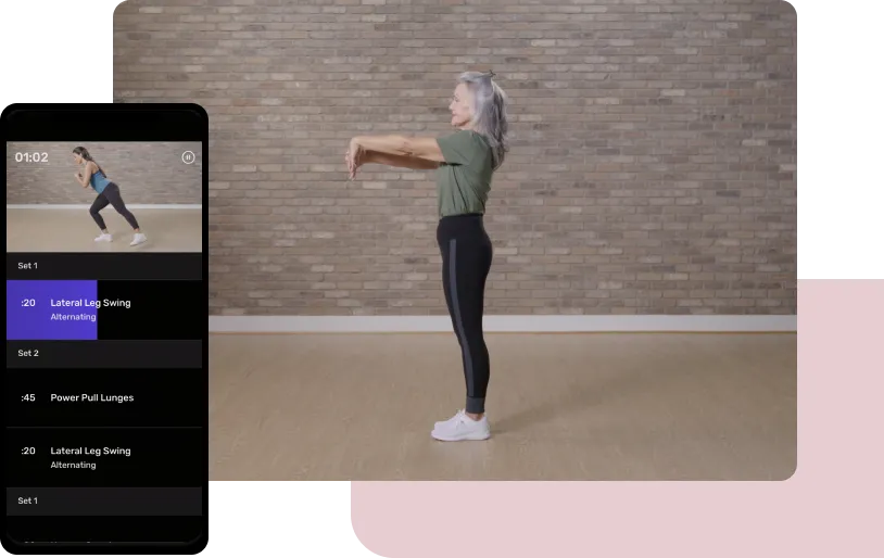 Woman doing wrist stretch exercise alongside the Limber Health mobile app on a phone